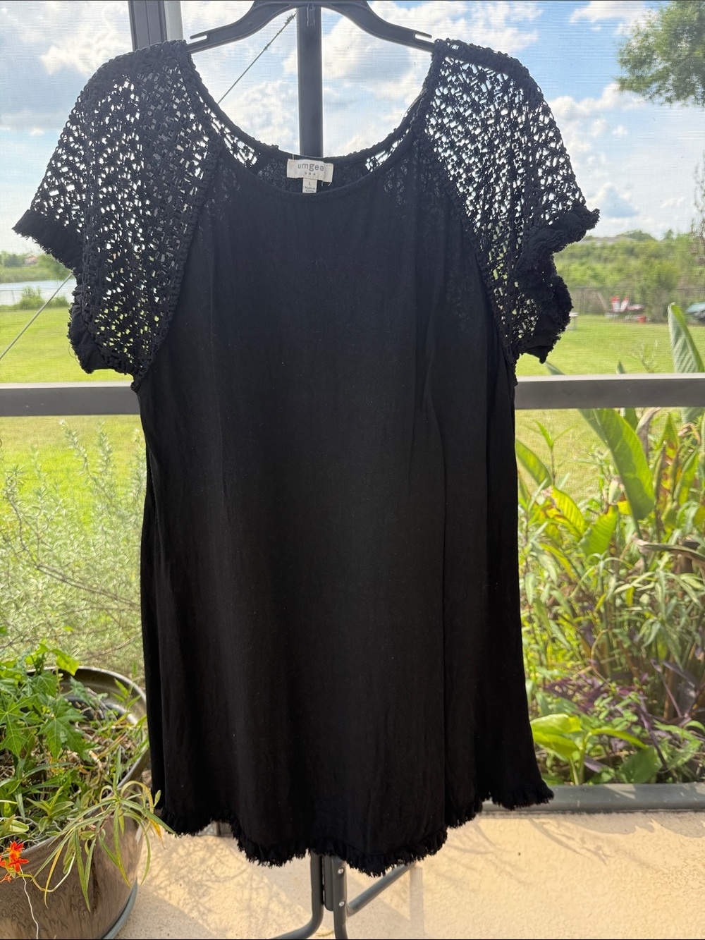 Umgee Black Crochet Sleeve Swim Coverup Tunic dress